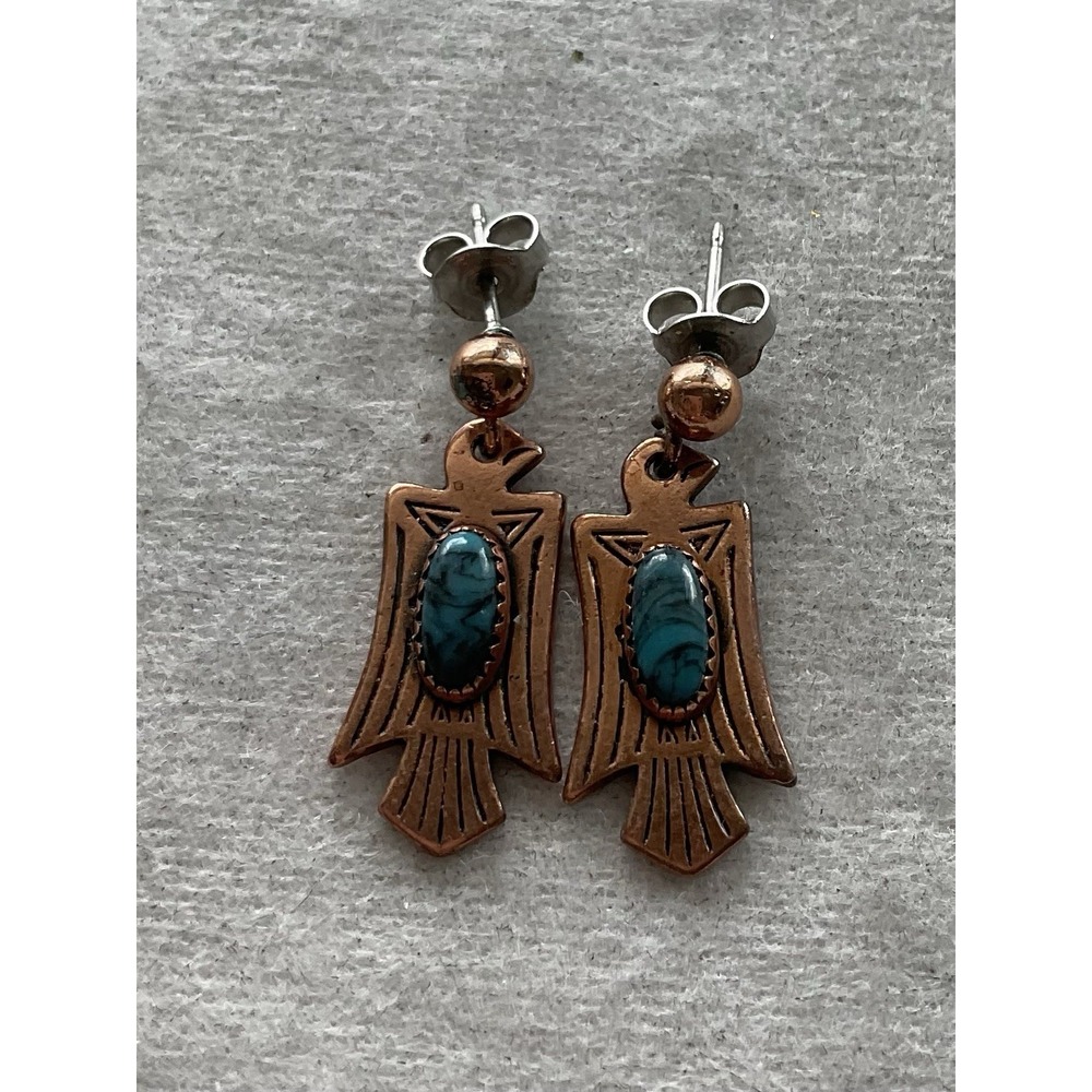 Signed WM Solid Copper Thunderbird Turquoise Dangle Earrings Southwestern VTG